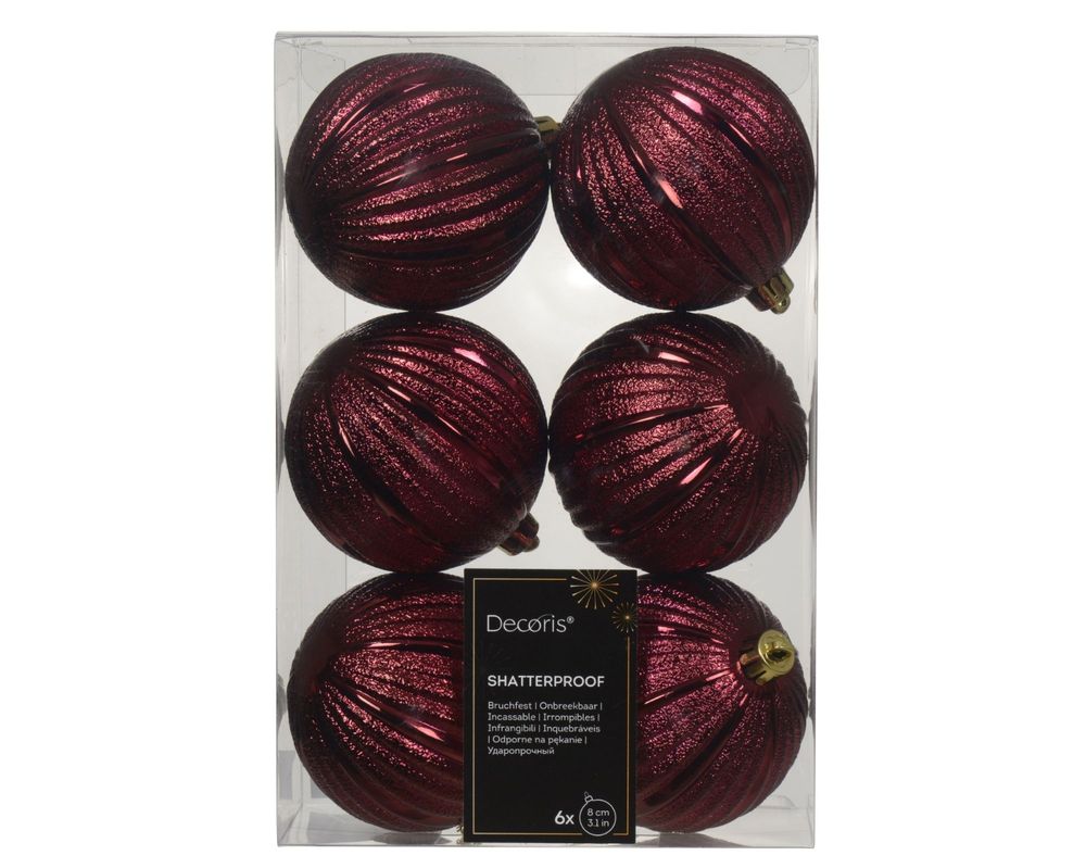 Shatterproof Ridge Bauble Deep Red 8cm Pack of 6 - Christmas