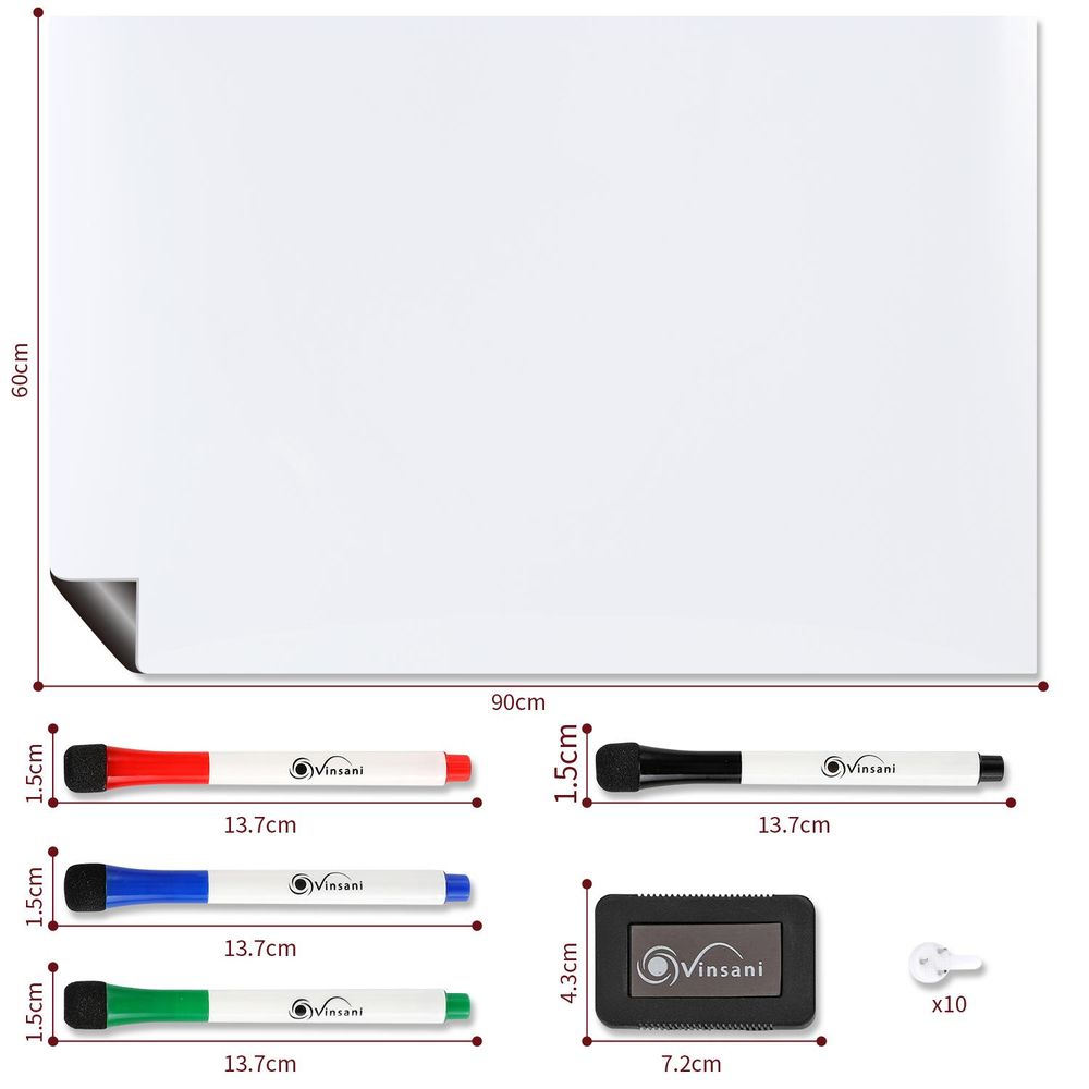 Magnetic Whiteboard 60 x 90 cm Notes, Lists, Memos, Menus Use 4 Magnetic Dry Wipe Pens & Magnetic Eraser