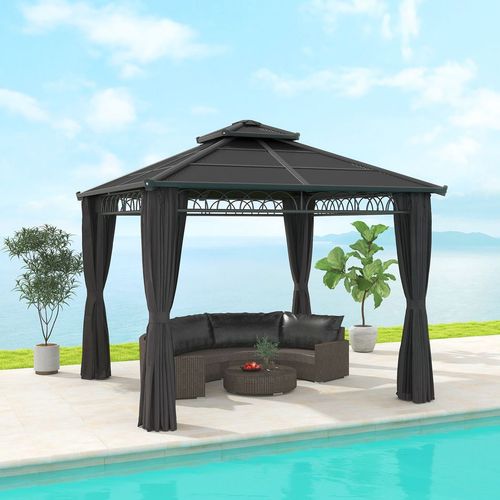 Outsunny 3 x 3 (m) Double Roof Hard Top Gazebo w/Nettings, Dark Grey
