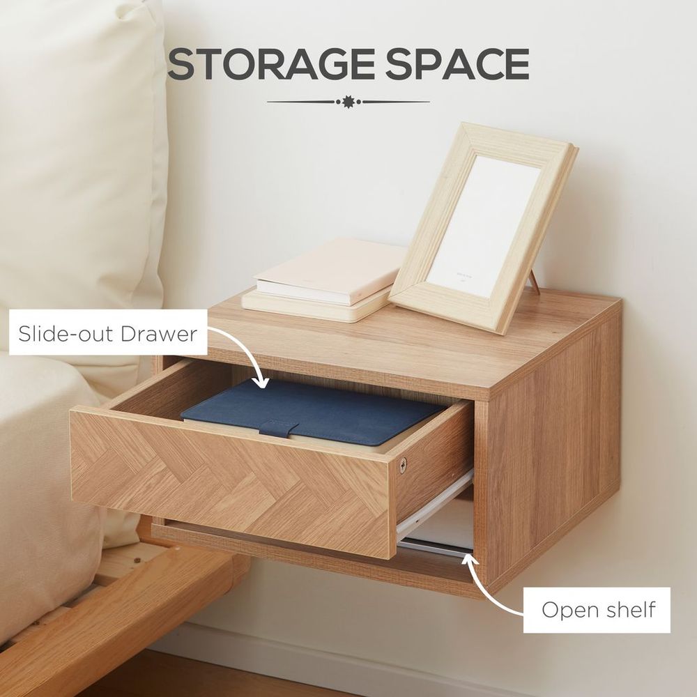 HOMCOM Floating Bedside Table Set of 2 Wall Mounted Nightstand W/ Drawer Natural