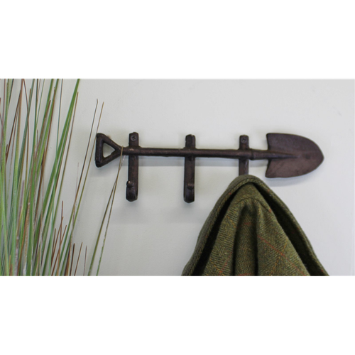 Rustic Cast Iron Wall Hooks, Garden Spade Design With 3 Hooks