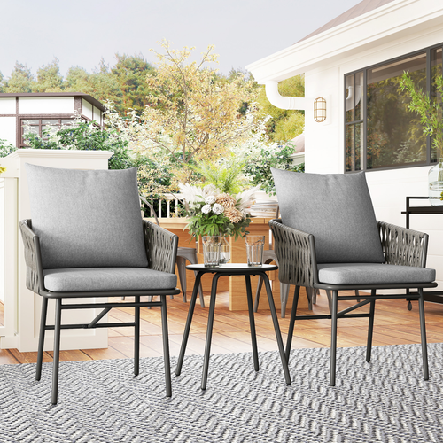 Outsunny Rattan Bistro Set, Balcony Table and Chairs with 4 Cushions, Grey