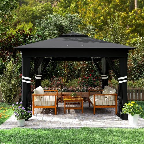 Outsunny 3x3(m) Pop Up Gazebo w/ Solar-Powered LED Lights Netting Black