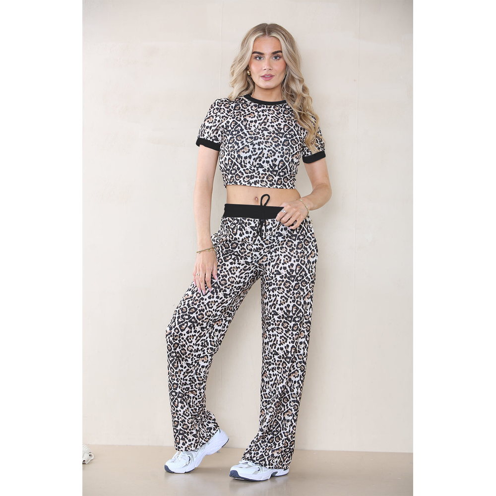 Leopard Print Ribbed Contrast Wide Leg Flared Trousers And Top Loungewear TRS Cropped Set