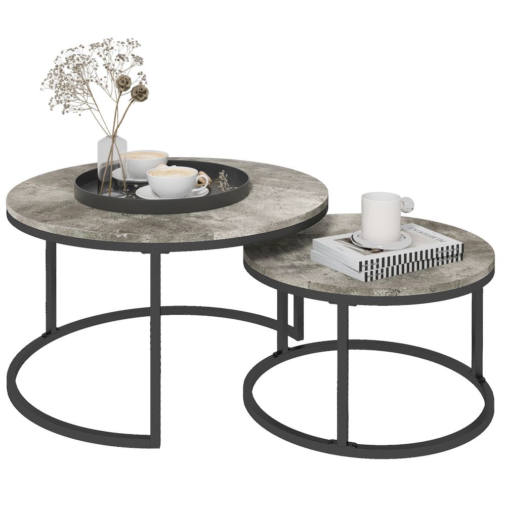 HOMCOM 2 Pcs Stacking Coffee Table Set Steel Frame Wood Effect Top Foot Pads