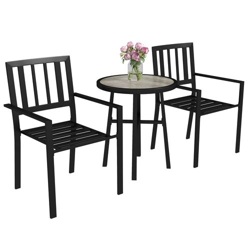 Outsunny 3 Piece Patio Bistro Set with Plastic Top, 2 Stackable Chairs, Grey