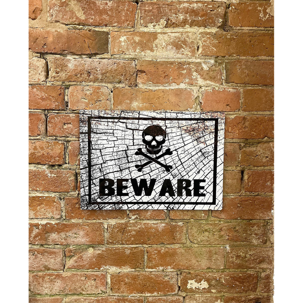 Vintage Metal Sign: Skull Beware - High-Quality Reproduction
