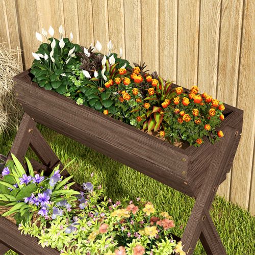 Outsunny 3 Tier Raised Garden Bed Wooden Elevated Planter Box Kit, Tan