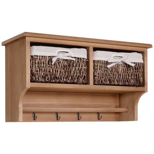 HOMCOM Entryway Coat Rack Wall Mounted Shelf Hooks 2 Baskets Brown