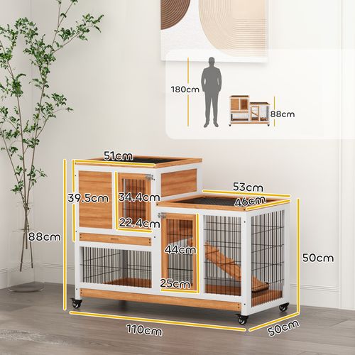 PawHut Wooden Indoor Rabbit Hutch Elevated Bunny Cage w/ Enclosed Run Wheel