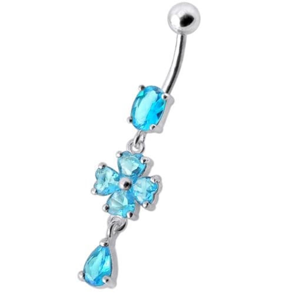 Silver Fancy Flower Dangling Bdy Jewelry SS Bar Belly Ring
