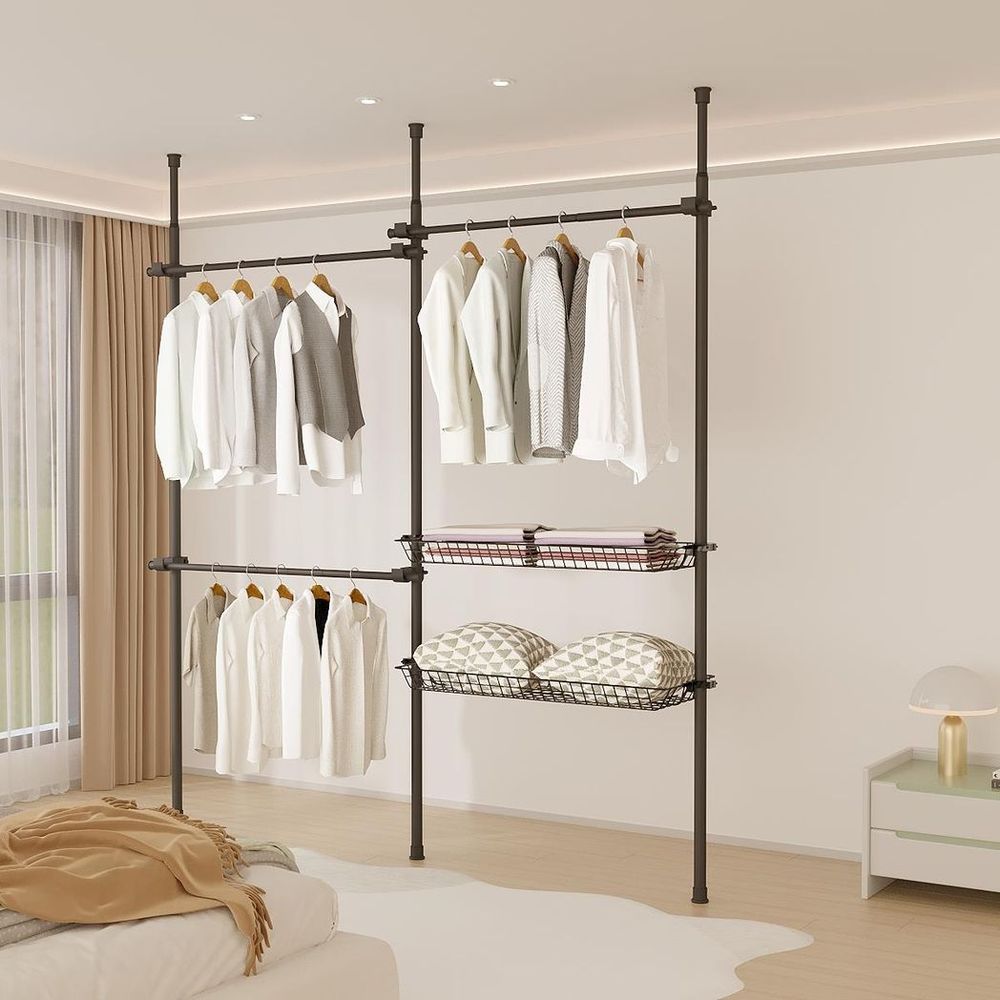 Double Black With Baskets Telescopic Wardrobe Organiser Hanging Rail Clothes Rack Adjustable Storage Shelving