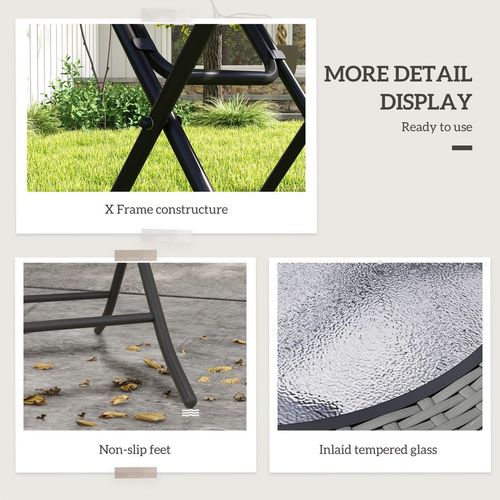 Outsunny Folding Round Tempered Glass Metal Table with Grey Rattan Edging