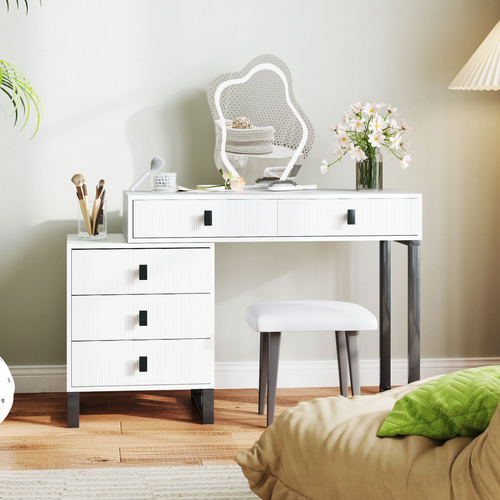 HOMCOM Dressing Table with LED Leaf Shape Mirror and 5 Drawers, White