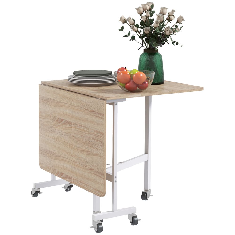 HOMCOM Drop Leaf Table with Wheels Folding Dining Table for Small Spaces, Nature