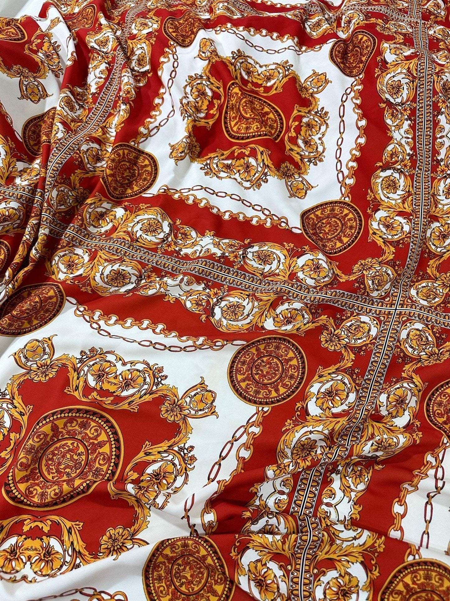 Vintage Baroque Pattern Fabric – Available in Satin, Crepe, Spandex & Chiffon | By Metre