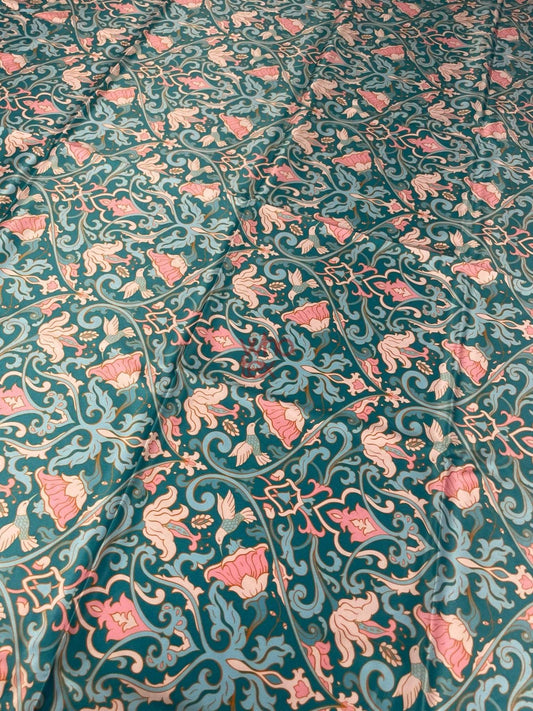 Vintage-Inspired Floral Fabric with Birds – Available in Satin, Crepe, Spandex & Chiffon | By Metre