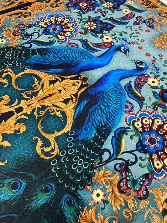 Vintage Peacock Pattern Fabric – Available in Satin, Crepe, Spandex & Chiffon | By Metre