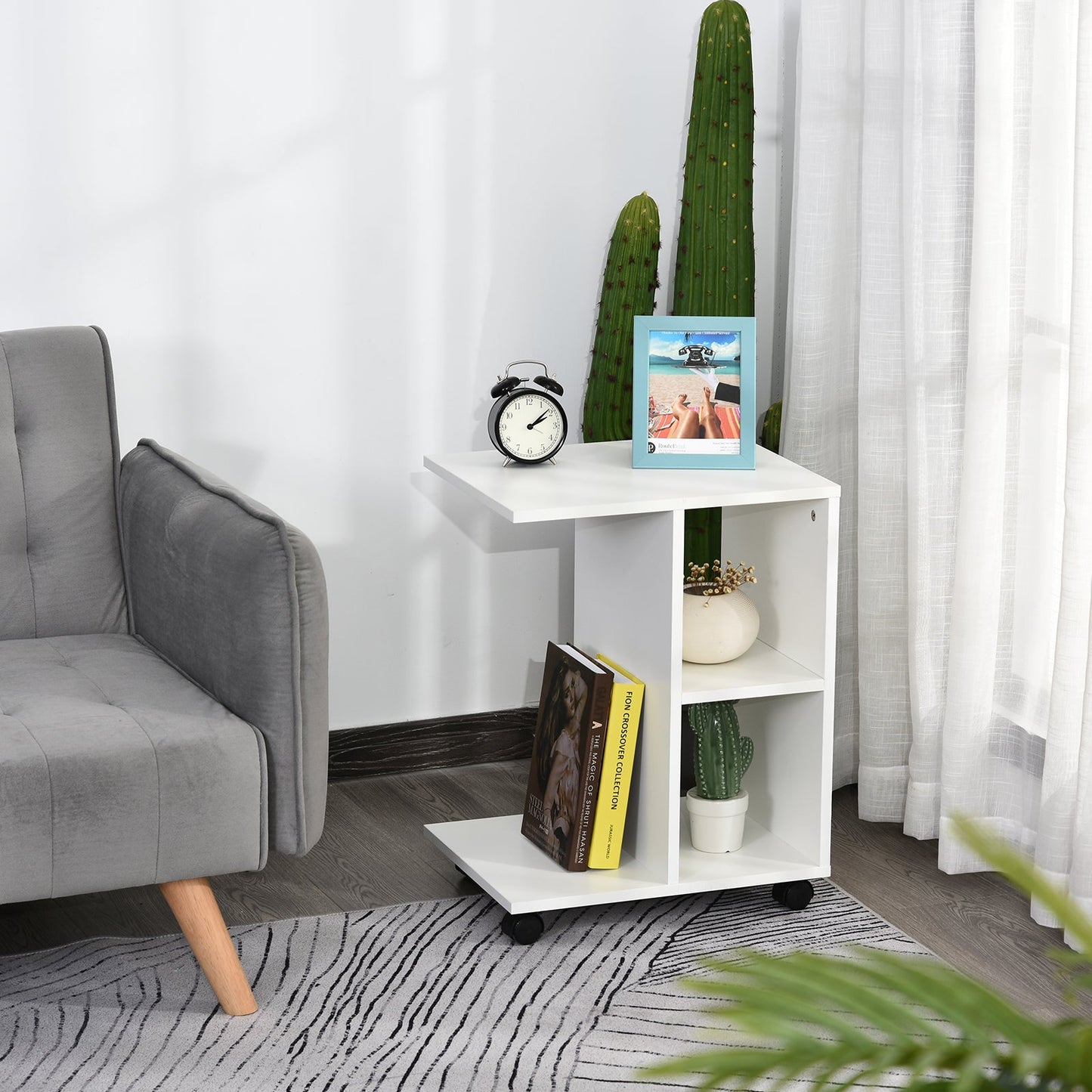 C Shape End Table Unique Storage Unit W 2 Shelves 4 Wheels Freestanding Home Office Furniture Cabinet Square Studio White