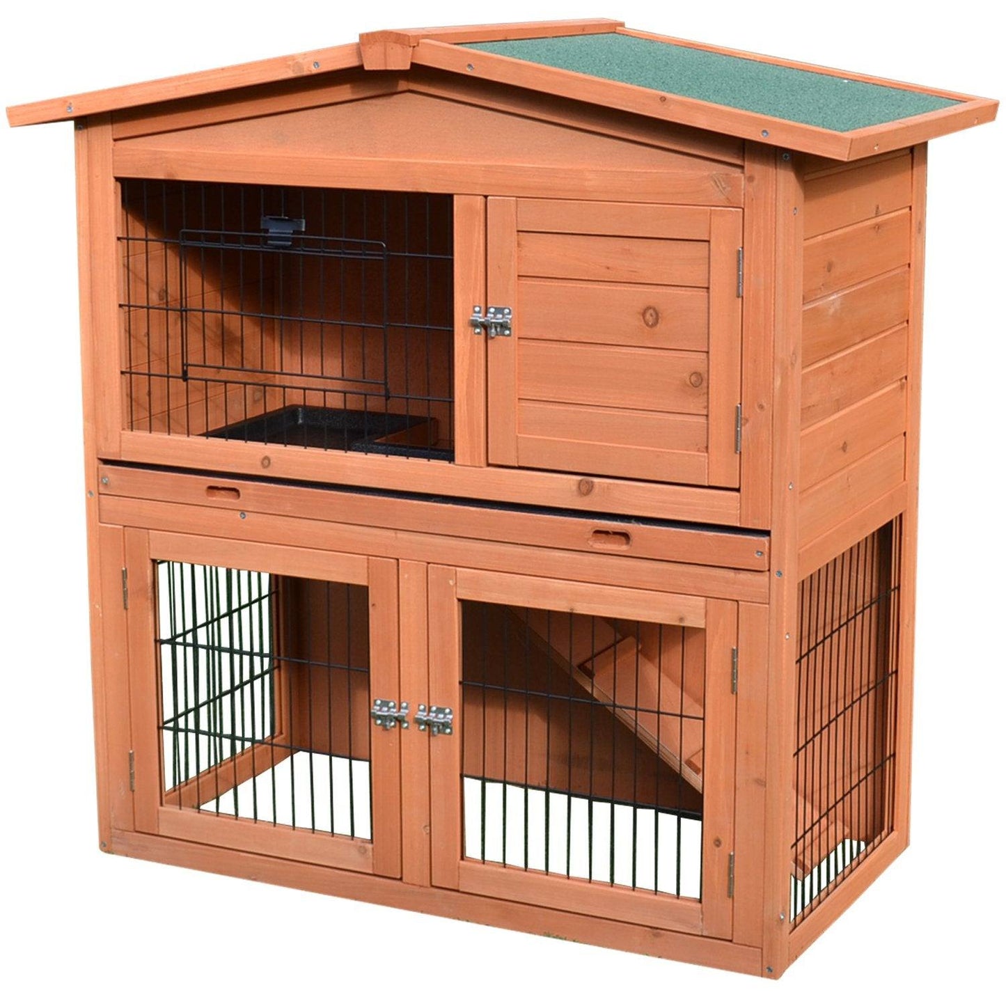 PawHut 2 Tier Outdoor Rabbit Small Animal Enclosure with Ramp Tray to Raised Home & Below Run Area