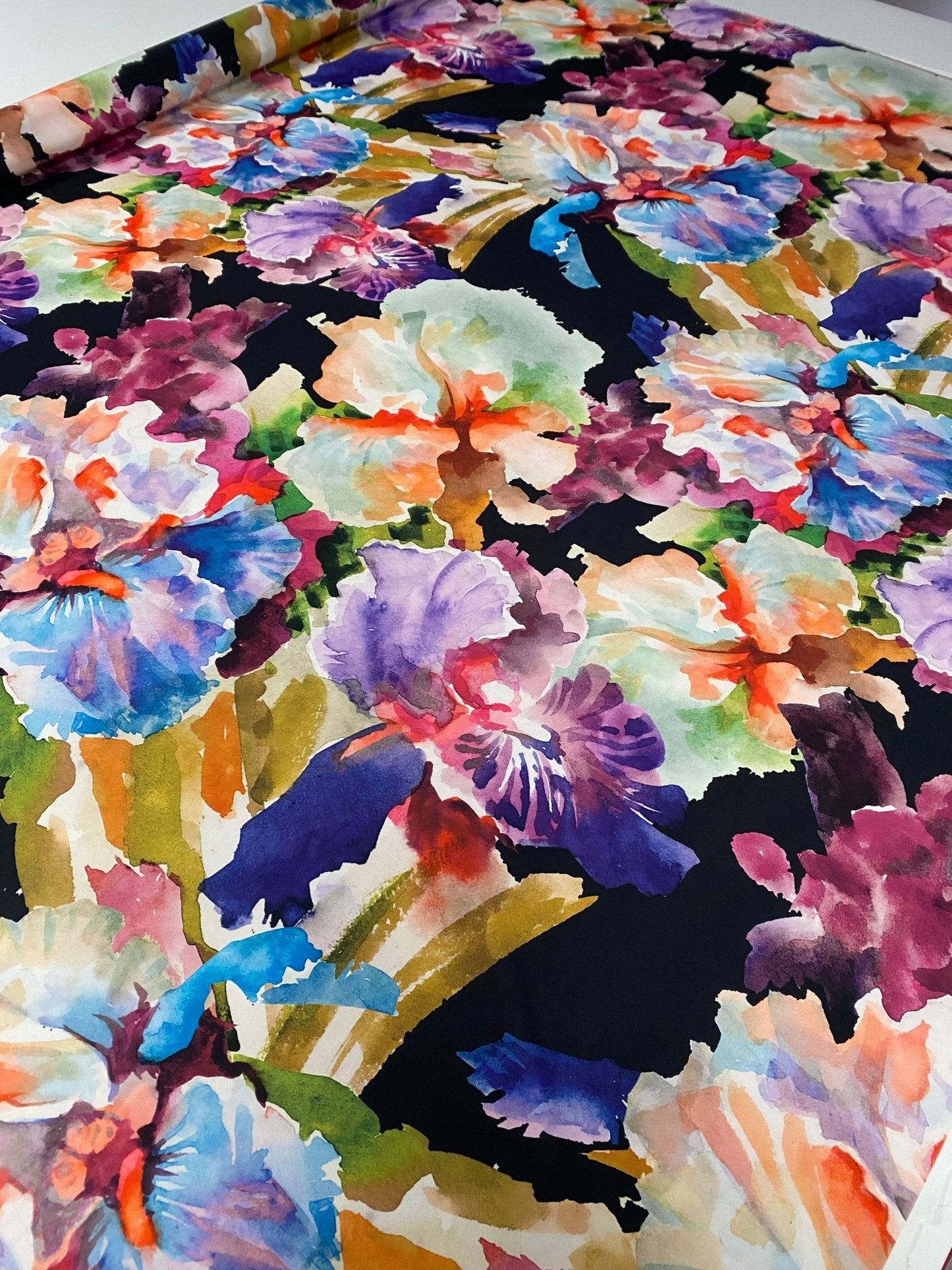 Watercolour Floral Crepe Fabric by the Metre – Black with Colourful Flowers
