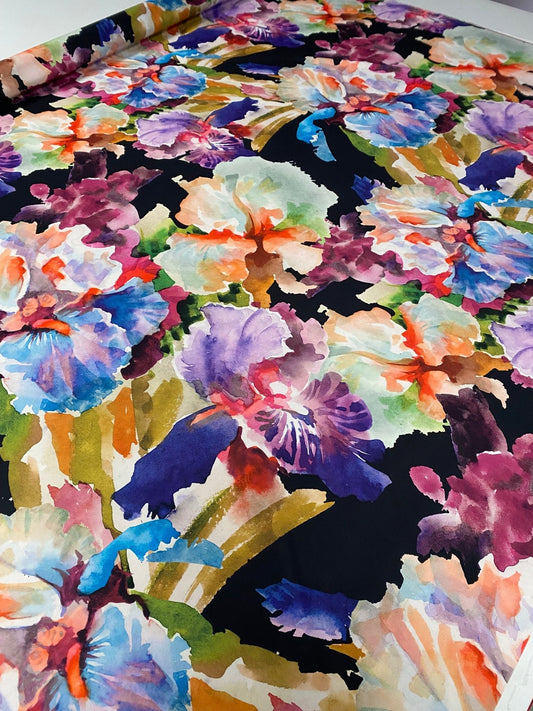 Watercolour Floral Crepe Fabric by the Metre – Black with Colourful Flowers