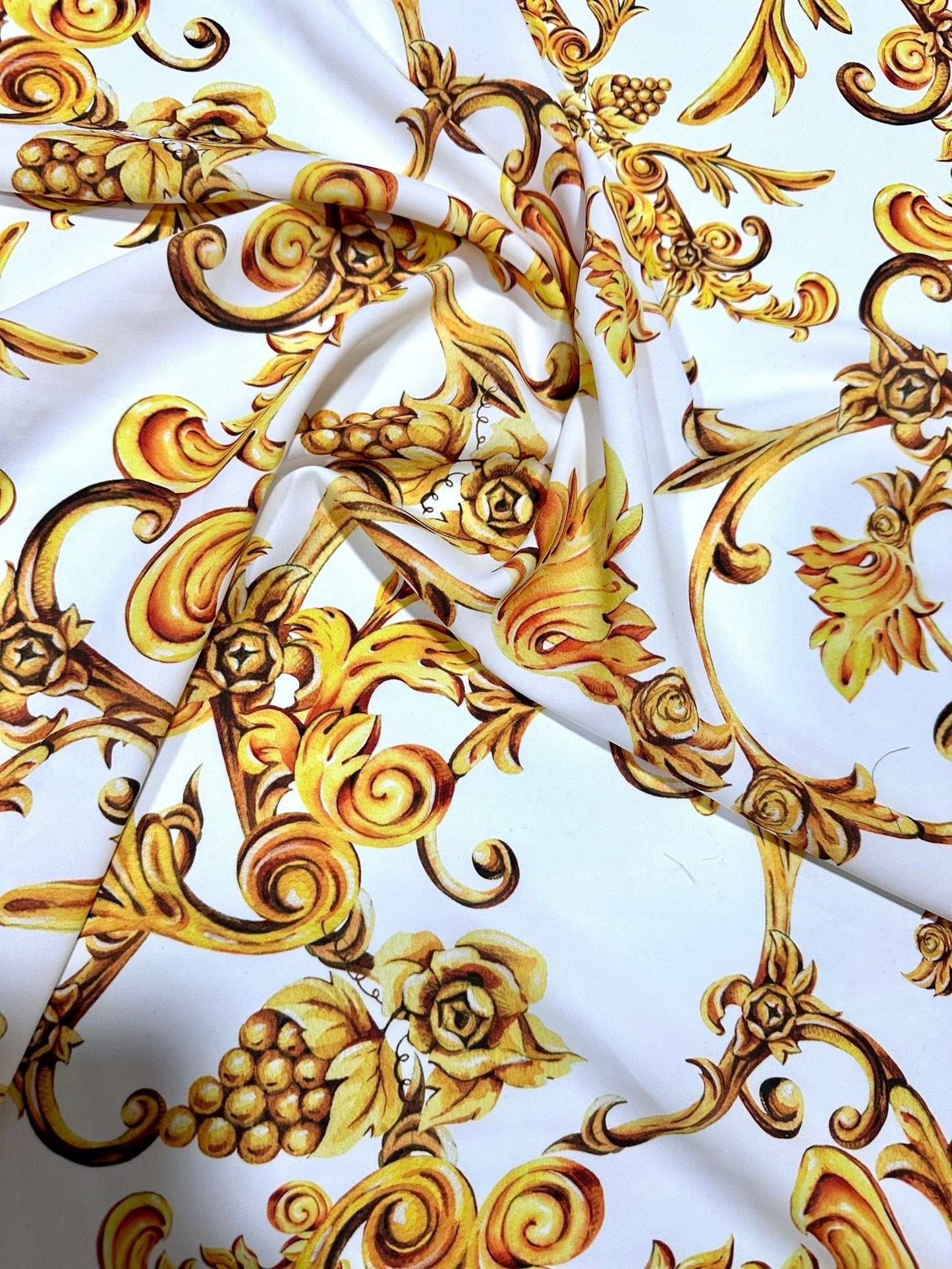 White and Gold Baroque Print Fabric