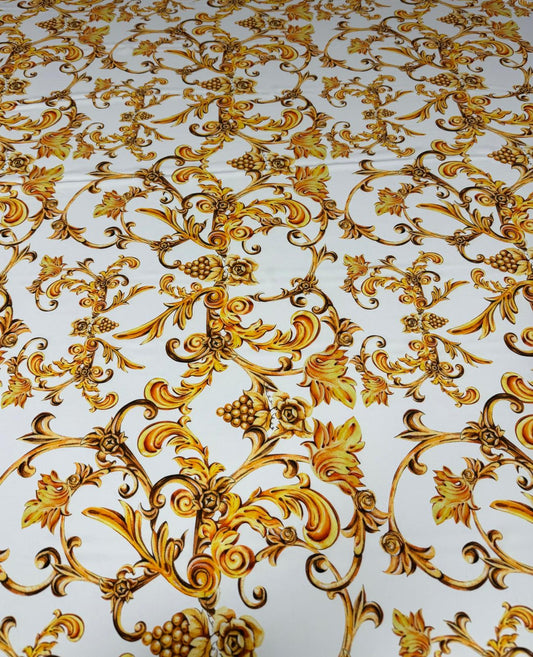 White and Gold Baroque Print Fabric – Available in Satin, Crepe, Spandex & Chiffon | By Metre