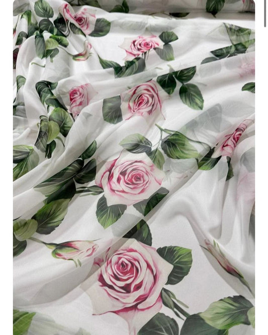 White Chiffon Fabric with Pink Rose Print – Flowing & Soft