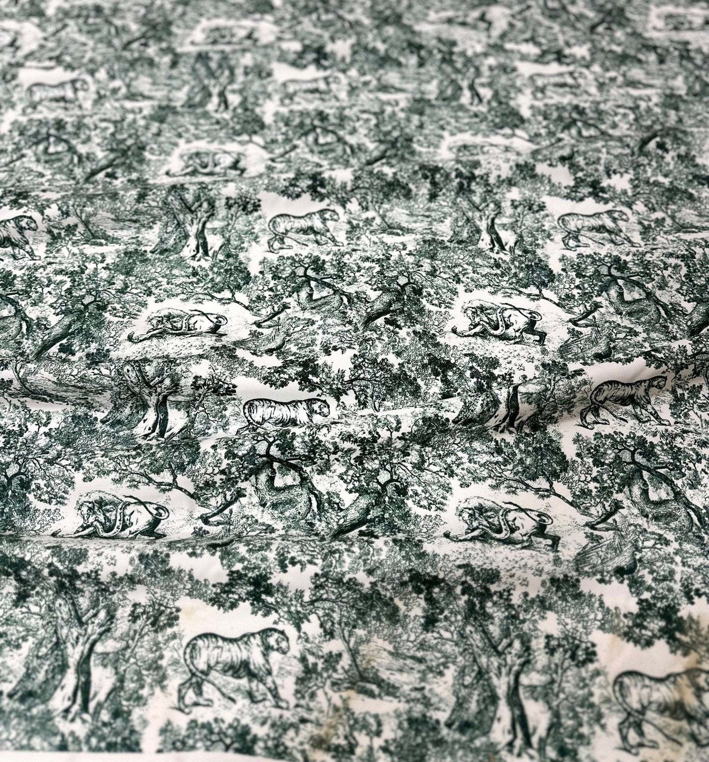 Green Wild Forest Animal Print Fabric – Custom Printed Fabric on Satin, Crepe, Spandex or Chiffon