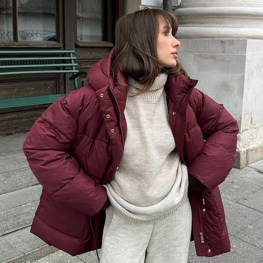 Wine Red Hooded Cotton Jacket