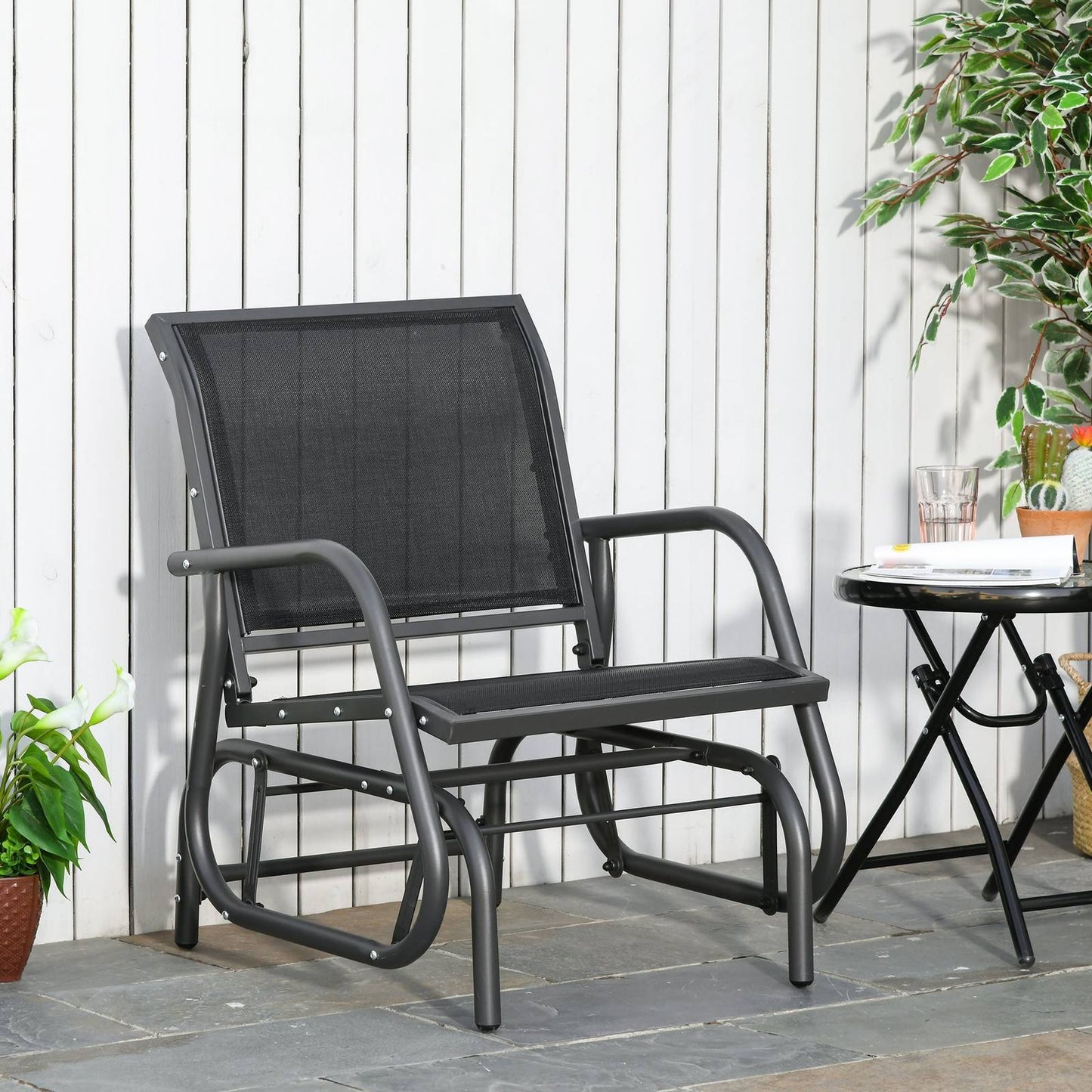 Outdoor Gliding Swing Chair Garden Seat w/ Mesh Seat Curved Back Steel Frame Armrests Comfortable Lounge Furniture Dark Grey Black