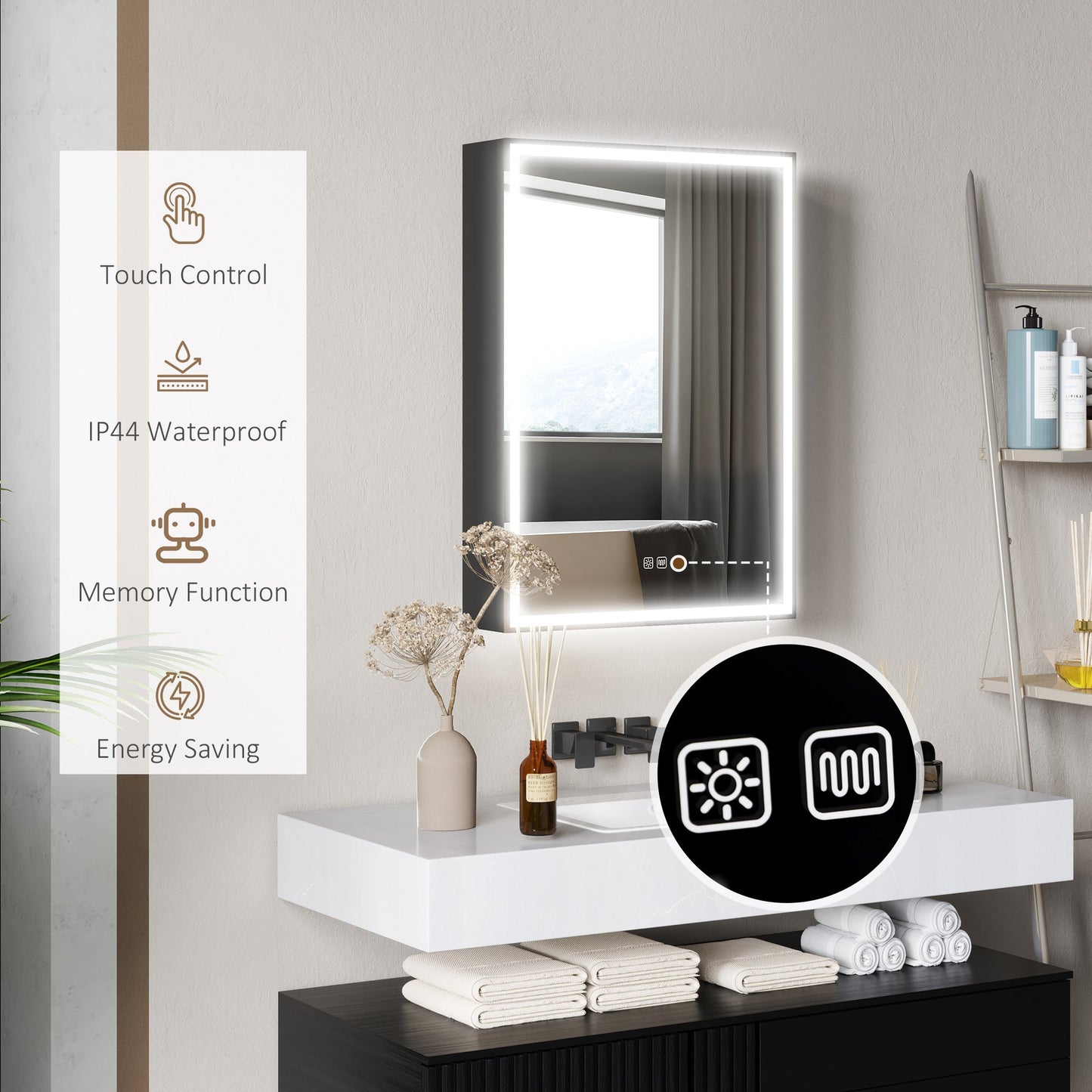 HOMCOM Bathroom Cabinet with Mirror, LED Lights and Demister Pad, Black