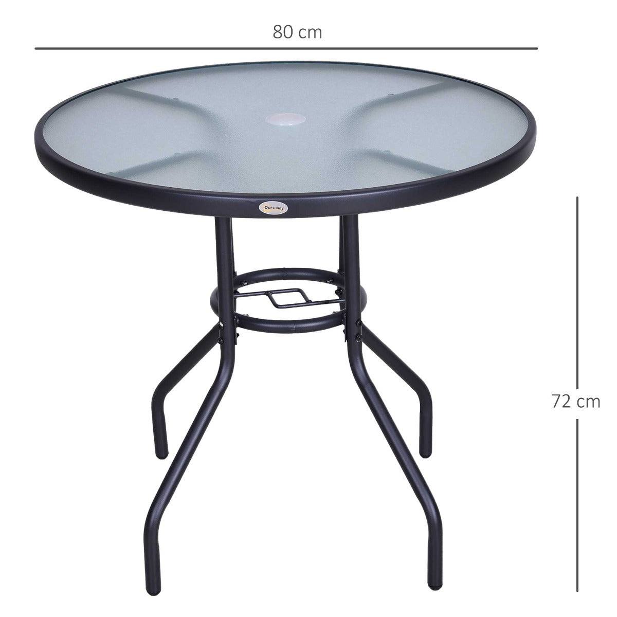 Outdoor 80cm Round Dining Table Tempered Glass Top Steel Frame Bistro Coffee End Side Table Garden w/ Parasol Hole