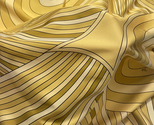 Yellow Retro Swirl Fabric – Geometric Abstract Print by the Metre