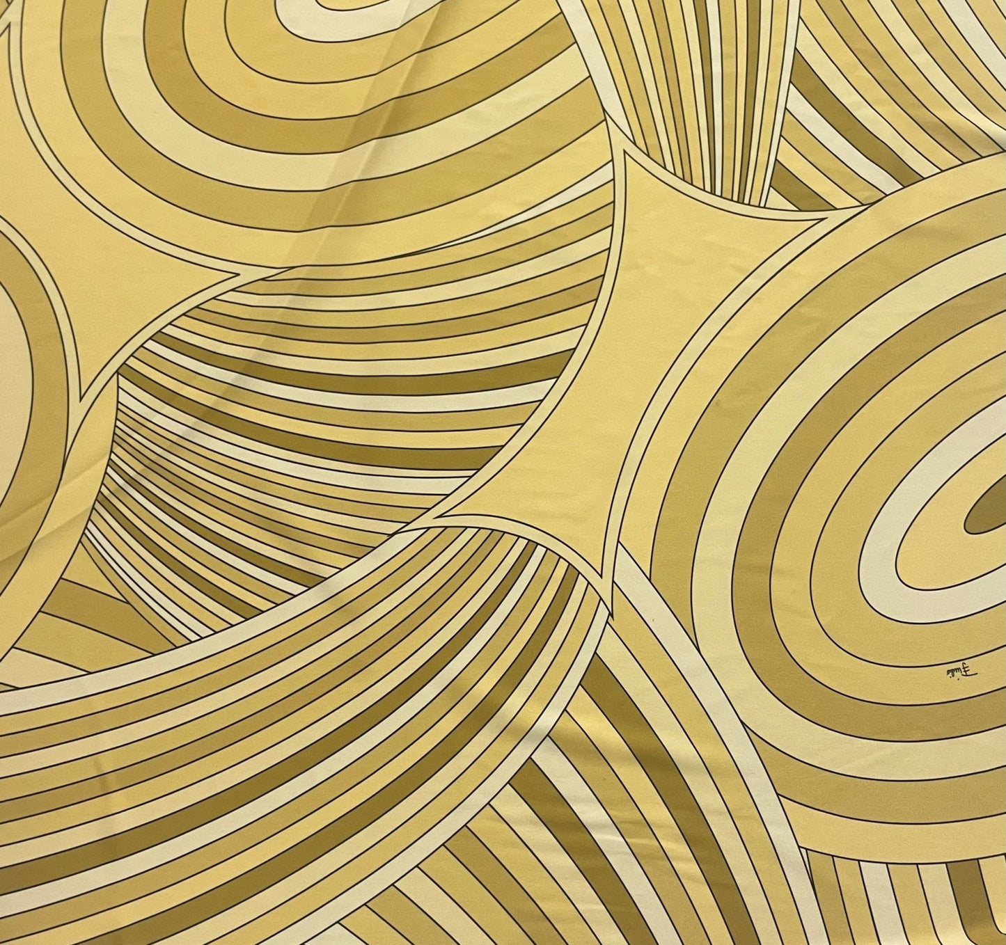 Yellow Retro Swirl Fabric – Geometric Abstract Print by the Metre