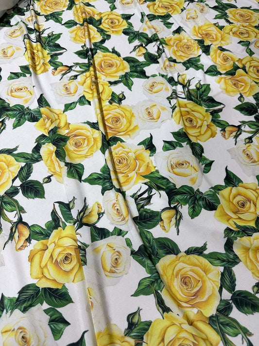 Yellow Floral Rose Pattern Fabric – Multiple Fabric Options, Sold by Metre