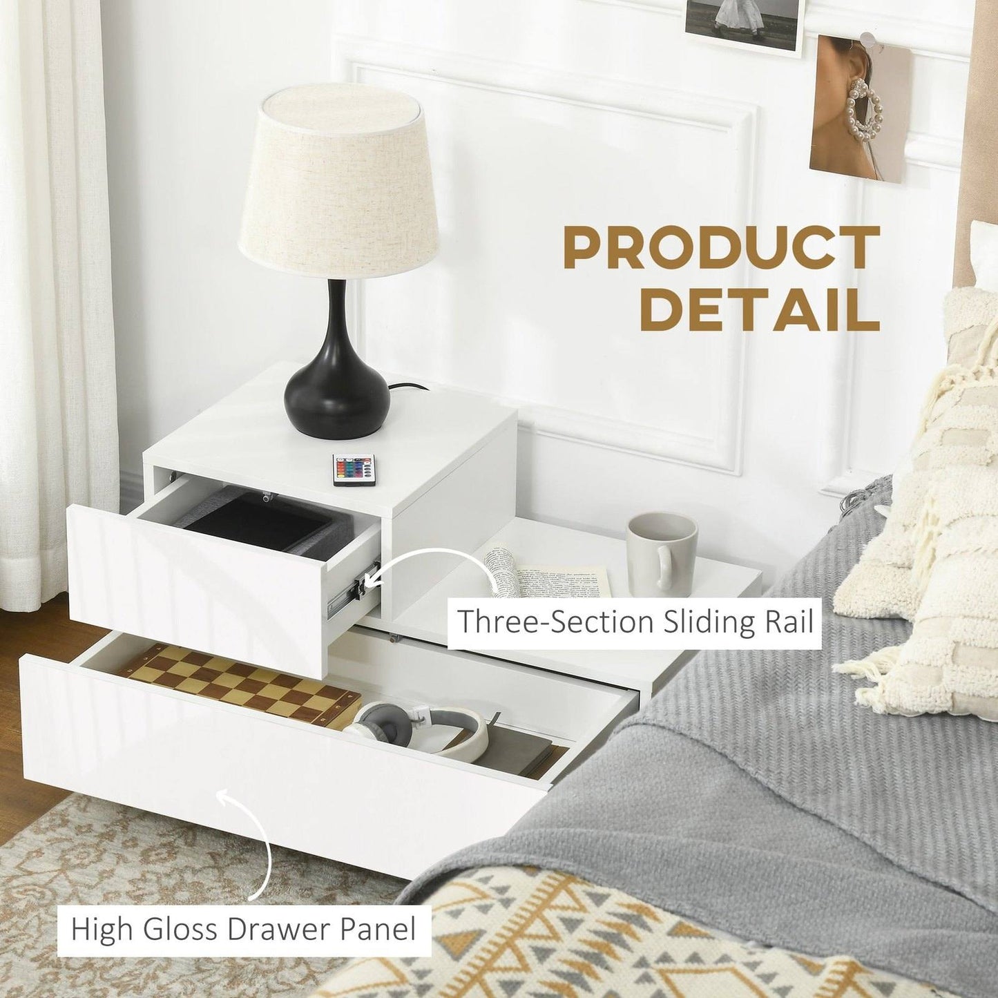 High Gloss Front Bedside Table with Drawers Nightstand with RGB LED Light and Remote for Bedroom Living Room White