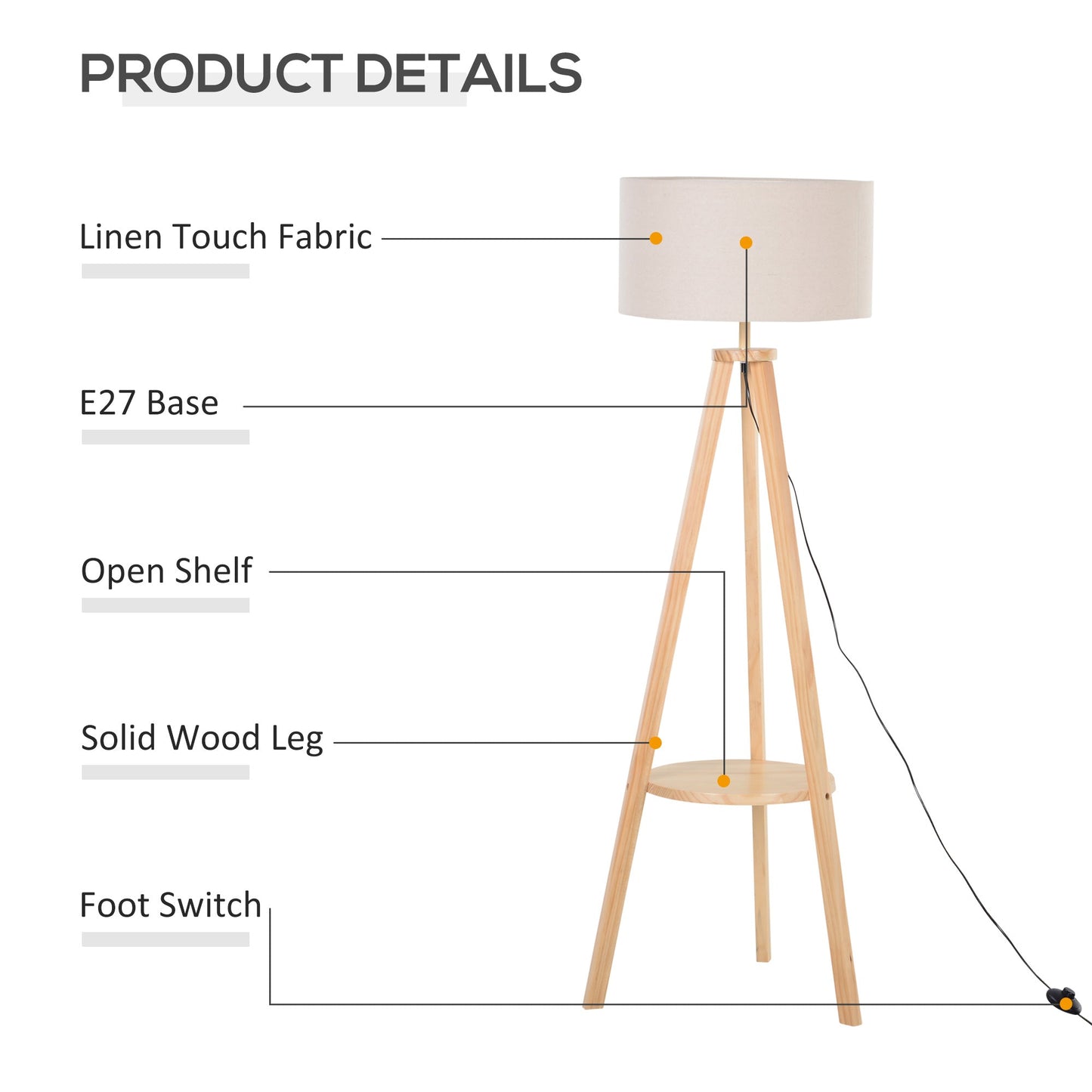 Free Standing Tripod Floor Lamp Bedside Light Reading Light With Storage Shelf Linen Shade For Living Room Bedroom