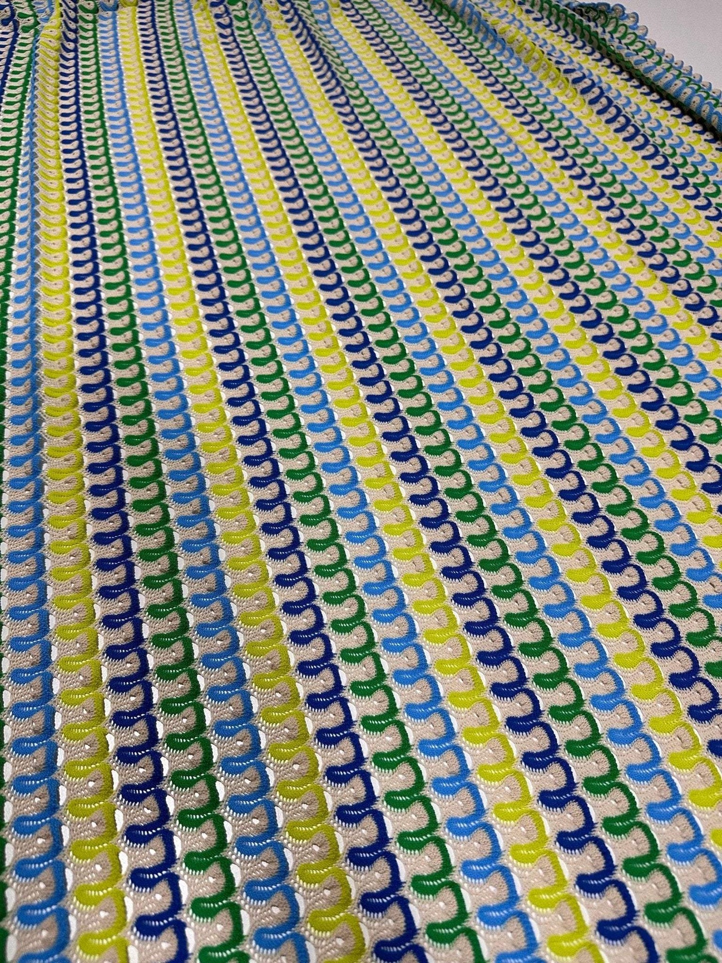 Luxury Zigzag Knit Jersey Fabric in Blue Yellow and Green Chevron Pattern