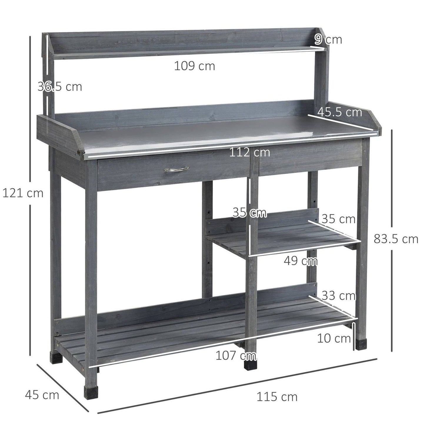 Garden Potting Table Wooden Workstation w/ Metal Tabletop
