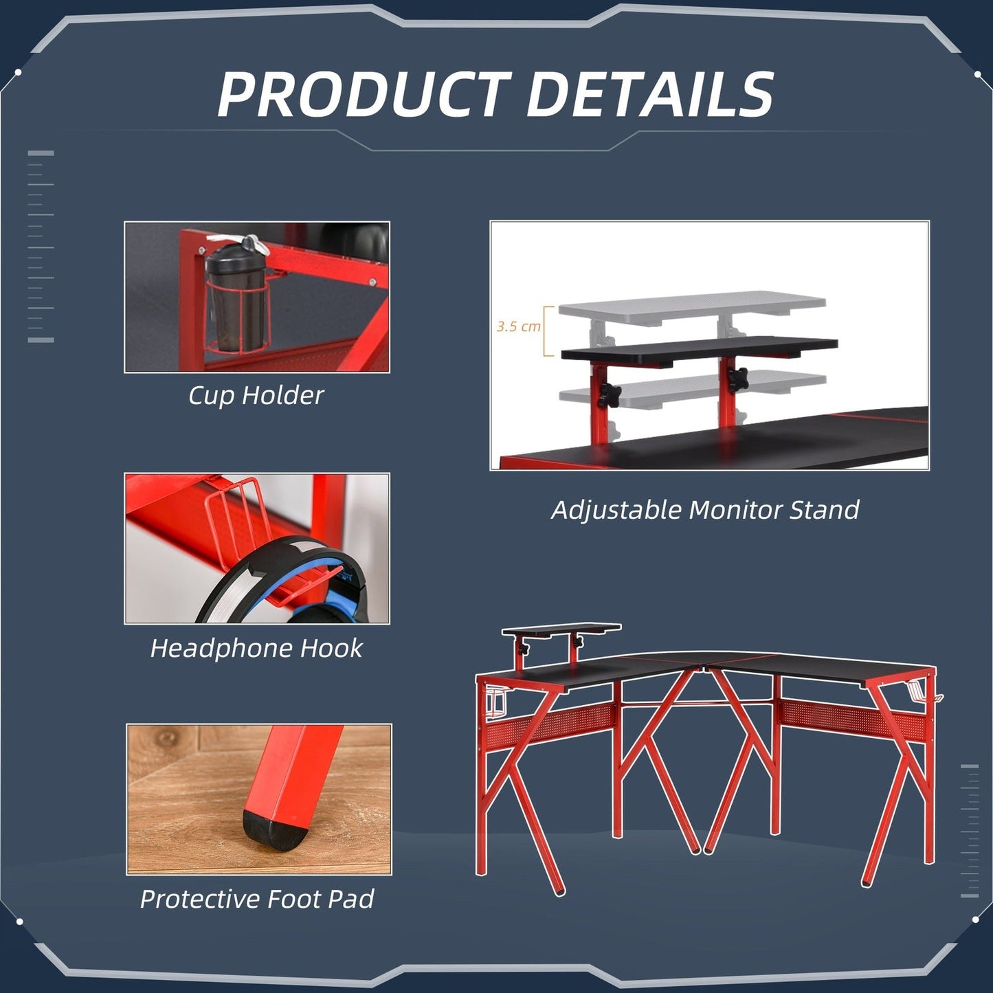 Gaming Desk L-Shaped Corner Computer Table for Home Office PC Workstations with Adjustable Monitor Stand Cup Holder Headphone Hook 125x125x75cm