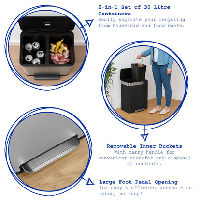 60L (2 x 30L) Stainless Steel Double Kitchen Pedal Bin