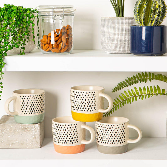 385ml Colour Block Spot Portuguese Stoneware Coffee Mugs - 4 Colours