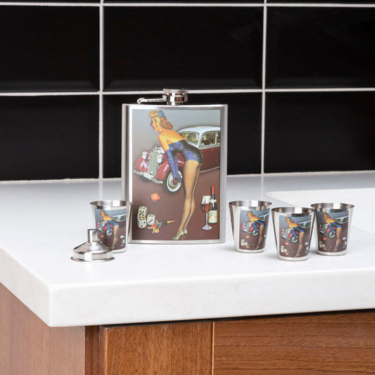 Pinup Hip 8Oz 4 Cups Flask Set