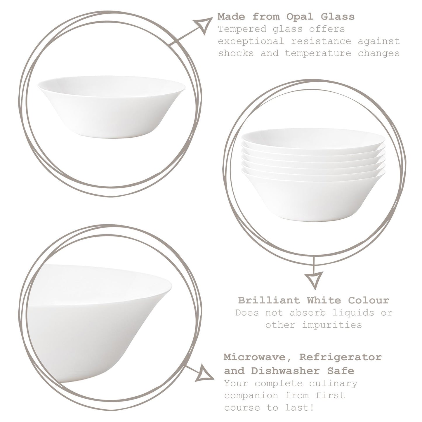 27cm White Moon Glass Salad Bowls - Pack of Six