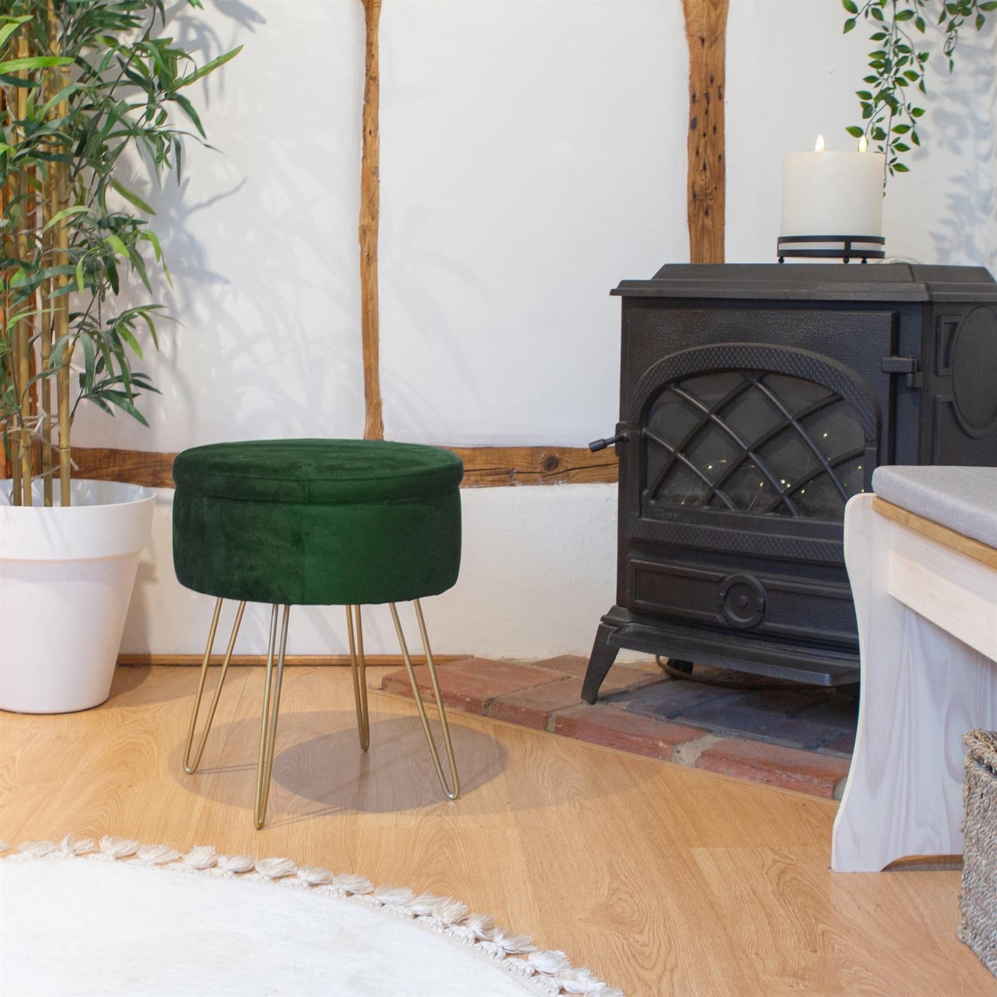 Green Round Velvet Storage Footstool