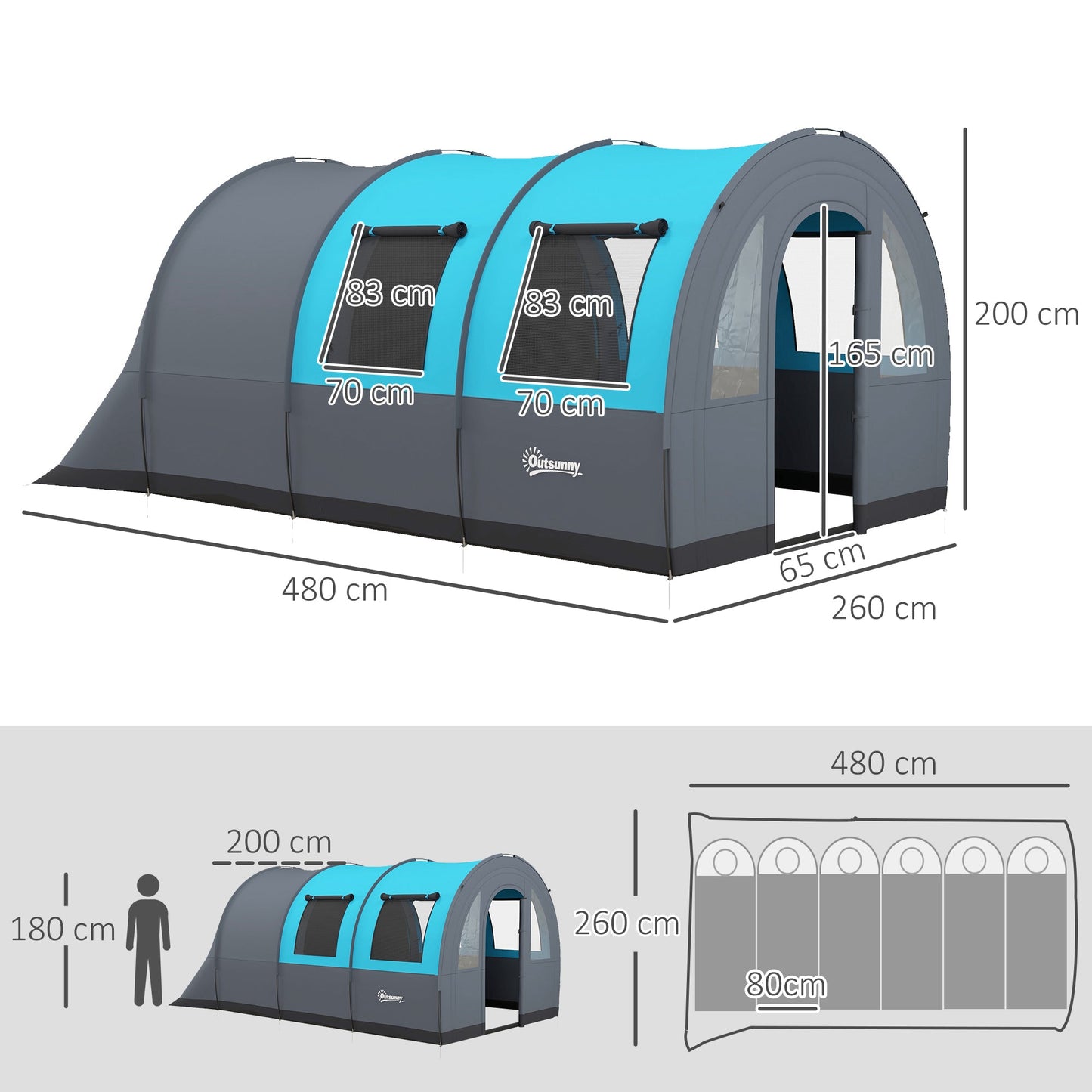 Outsunny Camping Tent, 3000mm Waterproof Family Tent for 5-6 Man, Grey and Blue