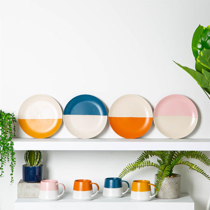 370ml Yellow Colour Block Flecked Stoneware Belly Mugs - Pack of Four