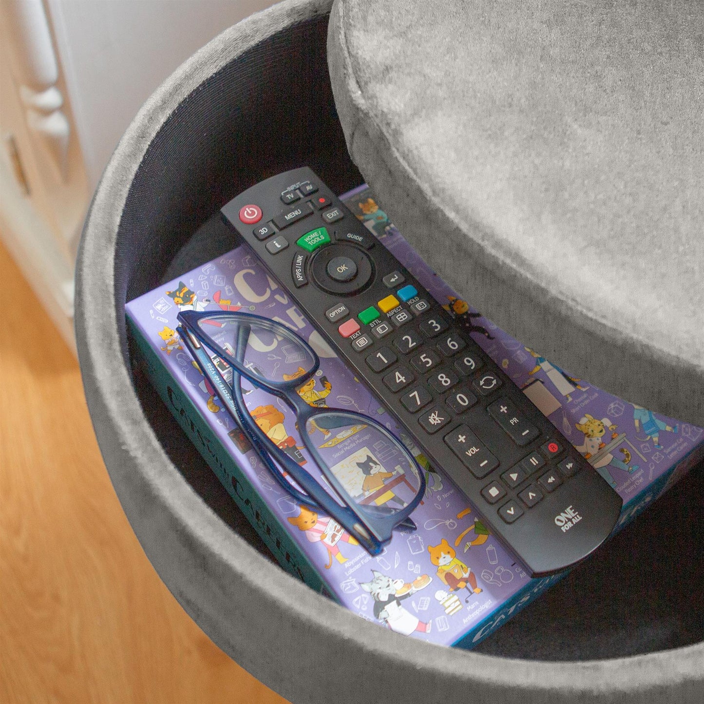 Grey Round Velvet Storage Footstool
